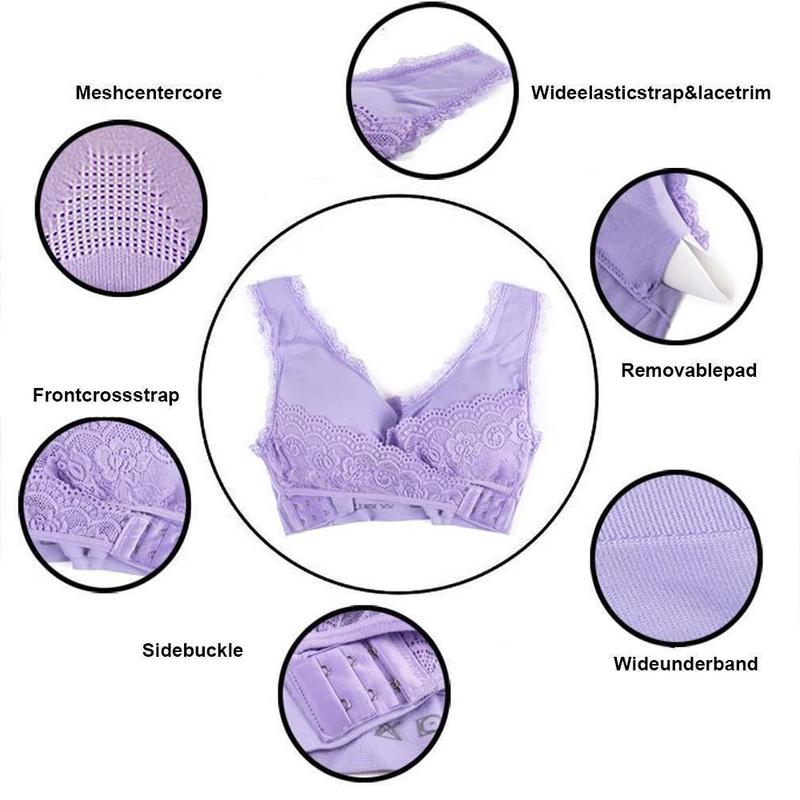 Wireless Front Cross Buckle Lace Lift Bra - Billede 2